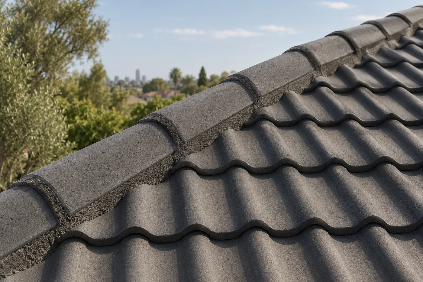 Illustrative detail of concrete roof tiles and a ridge